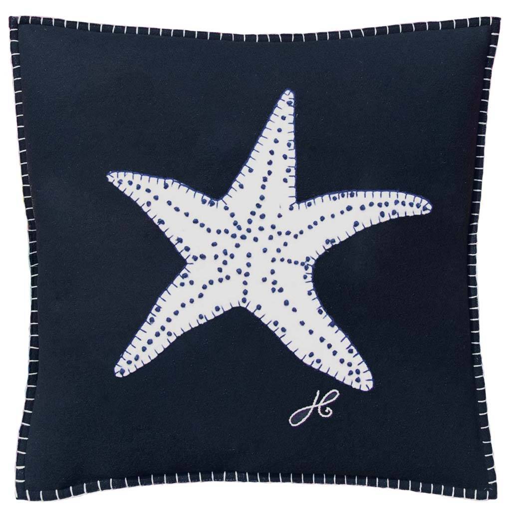 Embroidered Marine Starfish Cushion In Navy Blue Wool, 1 of 2