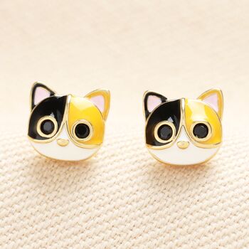 Enamel Cat Face Stud Earrings In Gold Plating, 2 of 5