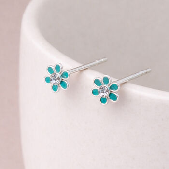 Small Sterling Silver Sparkling Green Flower Stud Earrings, 7 of 8