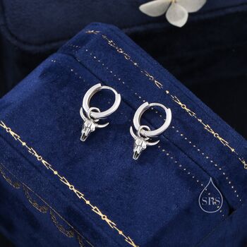 Sterling Silver Tiny Bull Skull Huggie Hoop Earrings, 5 of 10