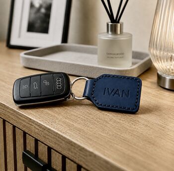 Personalised Dark Blue Hand Stitched Leather Key Fob, 4 of 7
