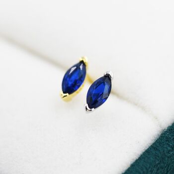 Sterling Silver Marquise Sapphire Blue Stud Earrings, 3 of 11