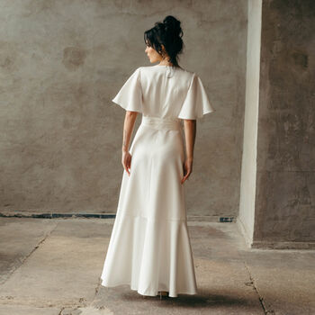 Simple Ivory Satin Wedding Dress With Flutter Sleeves And High Low Skirt, 6 of 7
