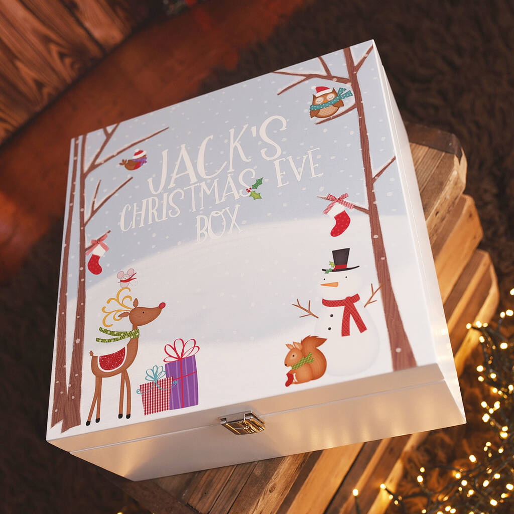Personalised Snowy Forest Wooden Christmas Eve Box, 1 of 5
