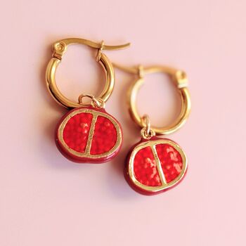 Handmade Pomegranate Charm Gold Plated Hoop Earrings, 3 of 5