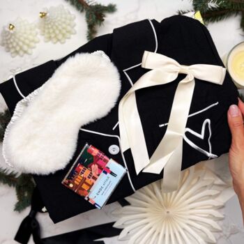 Luxury Christmas Pyjama Gift Set For Her With Eye Mask And Satin Hair Bow In Black And White, 10 of 11