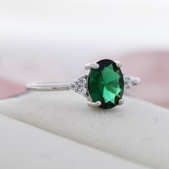 Emerald Green Cz Oval Ring In Sterling Silver, 6 of 12
