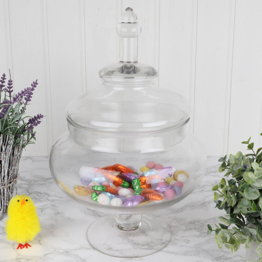 large glass footed bon bon jar by dibor
