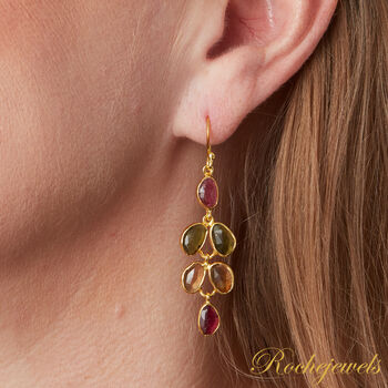 Multicoloured Tourmaline Pebble Shaped Leaf Drop Gold Earrings, 3 of 11
