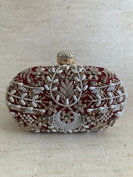 Maroon Handcrafted Embroidered Oval Clutch Bag, 8 of 10