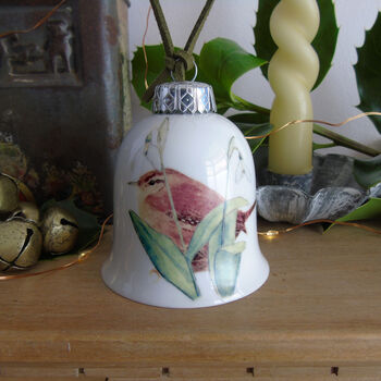 Wren And Snowdrops Bone China Bell Decoration, 6 of 7