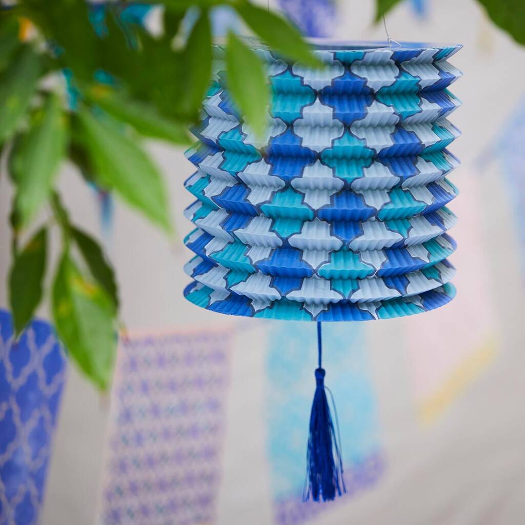 Three Souk Style Blue Hanging Paper Lanterns, 1 of 5