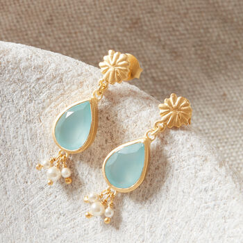 Aquamarine And Pearl Matt Gold Stud Drop Earrings, 2 of 10