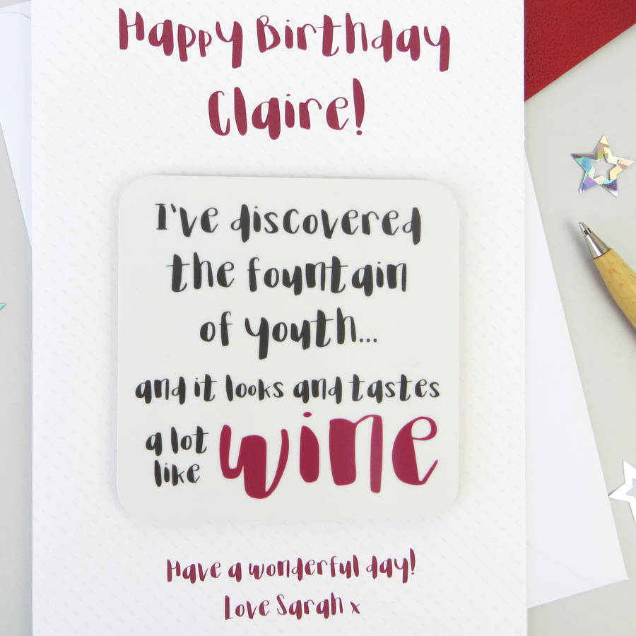 funny 'fountain of youth' wine quote card with coaster by wink design