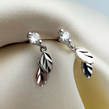 Sterling Silver Crystal Leaf Dangle Stud Earrings, 4 of 6