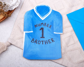 Football Number One Brother Birthday Card With Blue Or Red T Shirt Design, 3 of 8