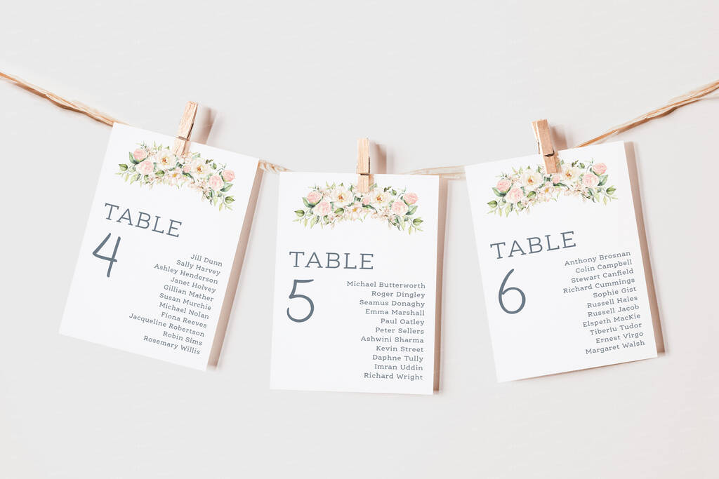 Wedding Seating Plan Cards Pink And White Floral, 1 of 6