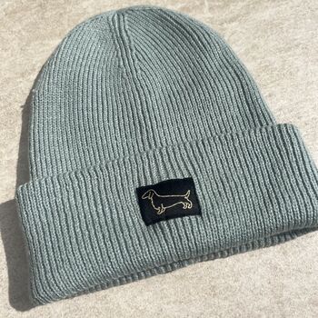 Deep Cuff Teal Beanie With Embroidered Dachshund, 5 of 5