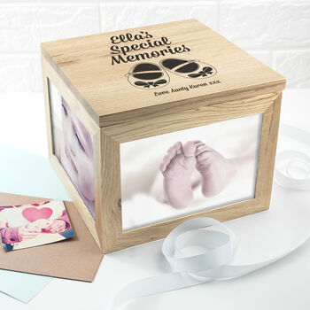 Personalised Baby Shoes Oak Photo Keepsake Box, 2 of 6