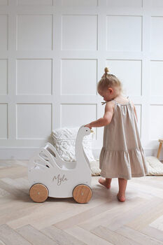 Personalised Kids Swan Wooden Push Along Toy Pram, 9 of 12