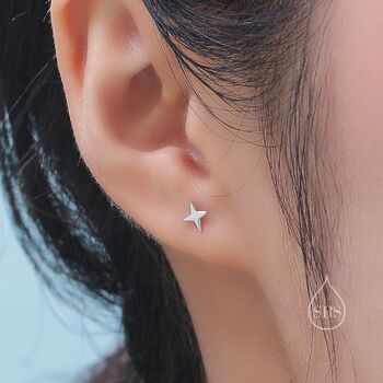 Four Point Star Internally Threaded Flat Back Earrings In Sterling Silver, 2 of 11