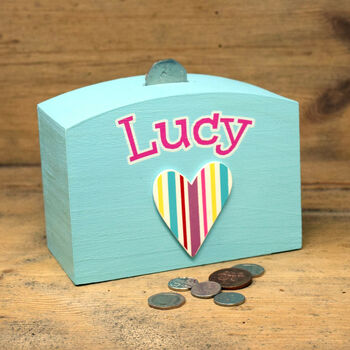 Personalised Money Box With Stripey Heart, 2 of 3