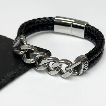 Personalised Men's Eternal Love Chain Leather Bracelet, 2 of 3