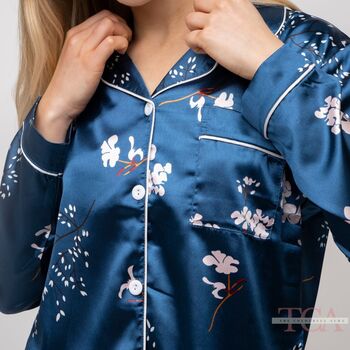 Blue Printed Soft Satin Long Sleeve Luxury Pyjama Set, 5 of 9