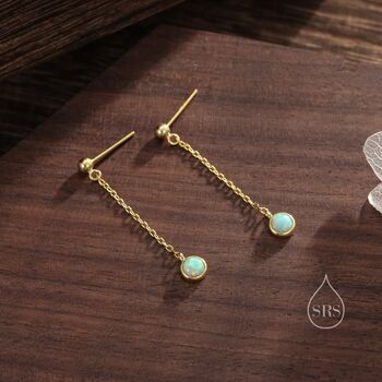 Aqua Green Opal With Chain Dangle Stud Earrings, 7 of 11