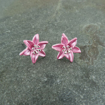 Lily Pink Star Gazer Flower Post Stud Earrings, 2 of 3