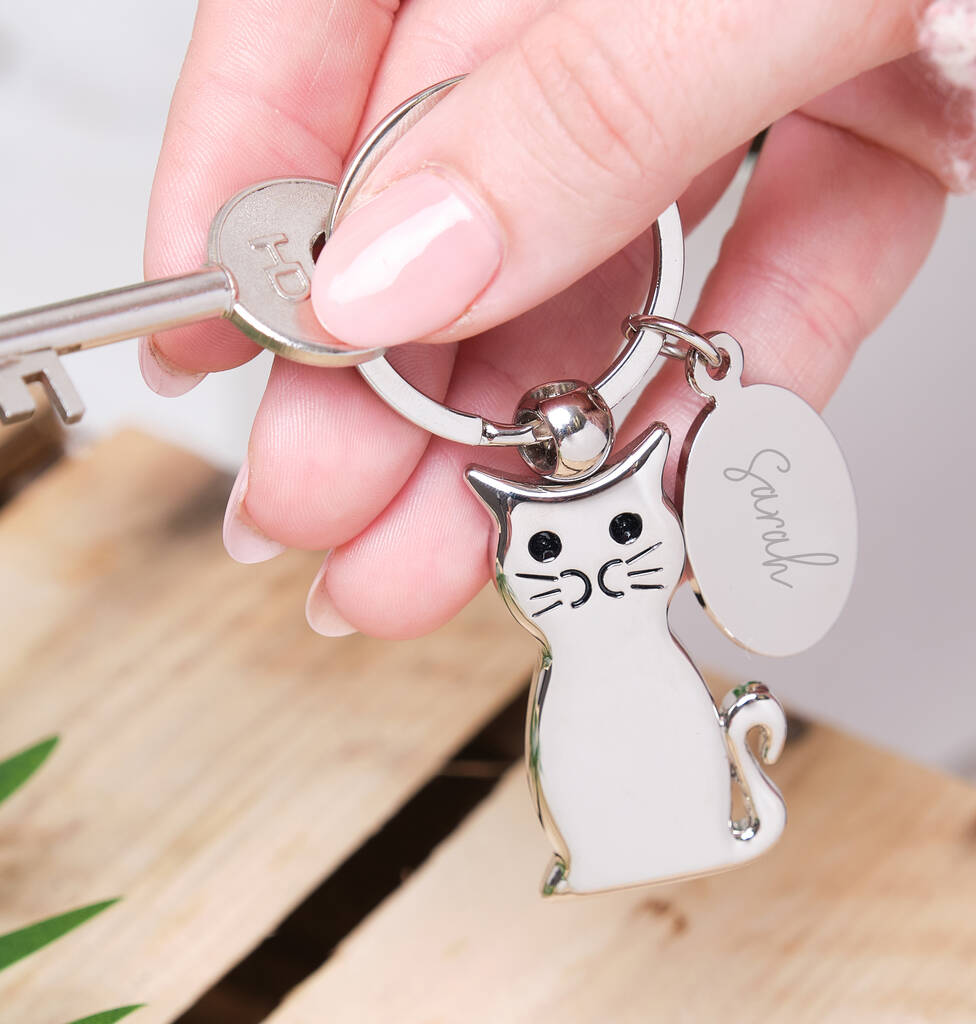 Personalised Cat Keyring With Engraved Charm, 1 of 6