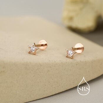 Sterling Silver Tiny Cz Star 16g Flat Back Stud Earrings UK, 2 of 11