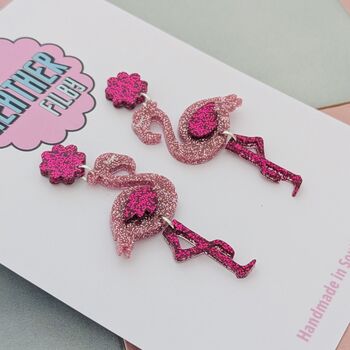 Handmade Pink Flamingo Glitter Resin Earrings, 2 of 4