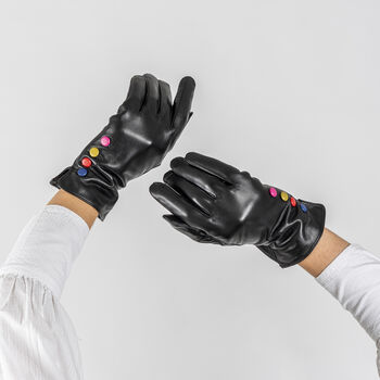 Black Leather Lined Gloves With Button Detail, 2 of 10