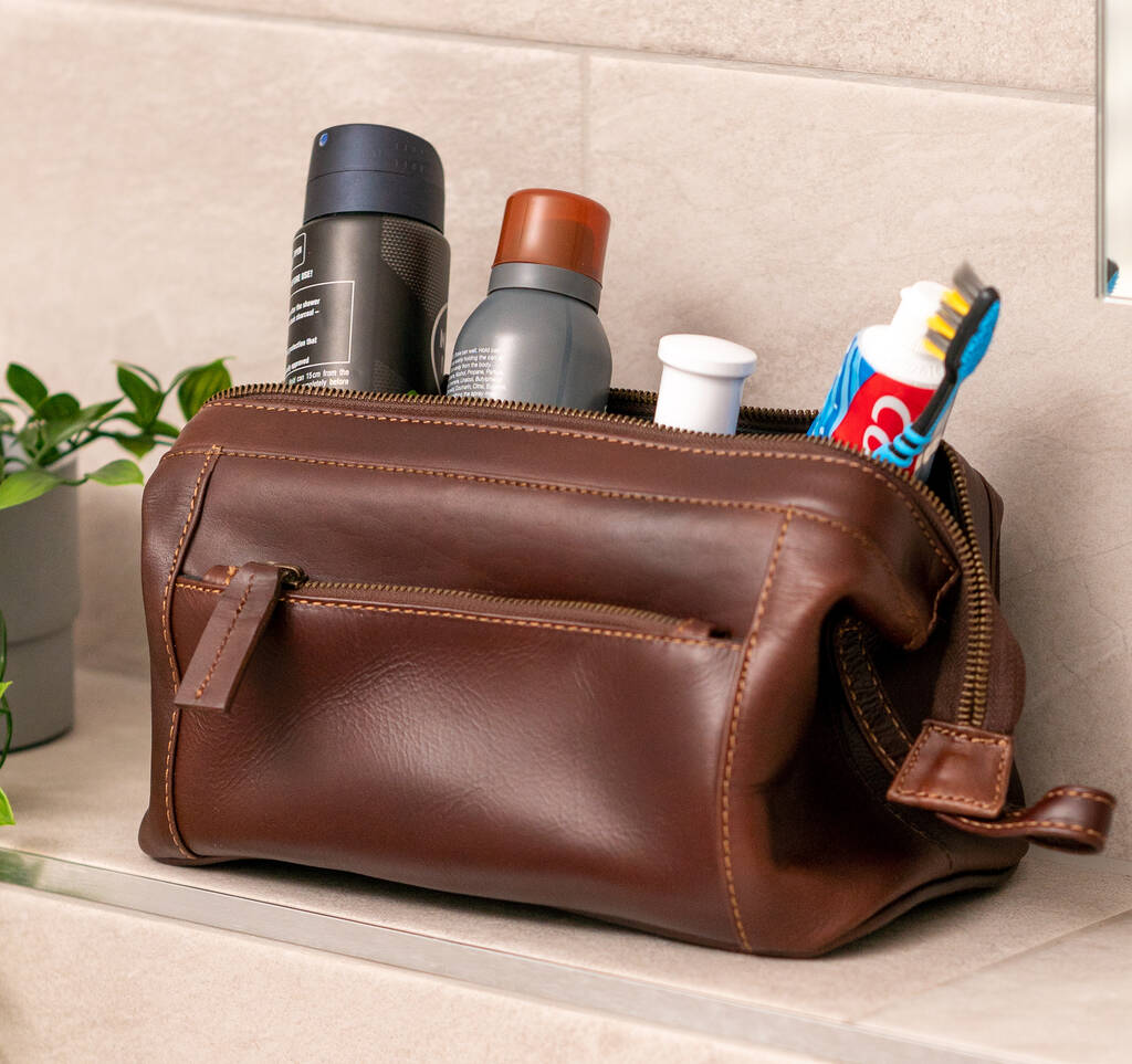 Personalised Genuine Leather Double Pocket Wash Bag By Posh Totty