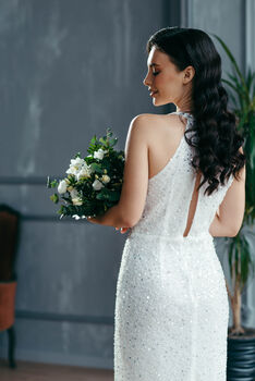 White Sequin Midi Wedding Dress With Deep Plunge And Open Back, 6 of 12