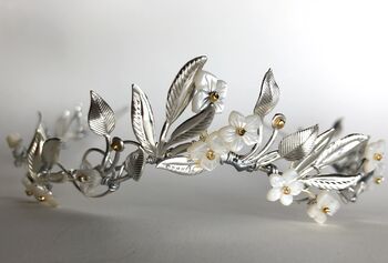 The Ostara Crown Gold Silver Shell Mother Of Pearl Floral Hair Vine Bridal Headpiece, 5 of 12