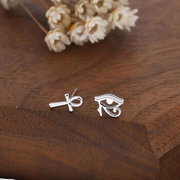 Mismatched Ankh And Eye Of Horus Stud Earrings In Sterling Silver, 3 of 12