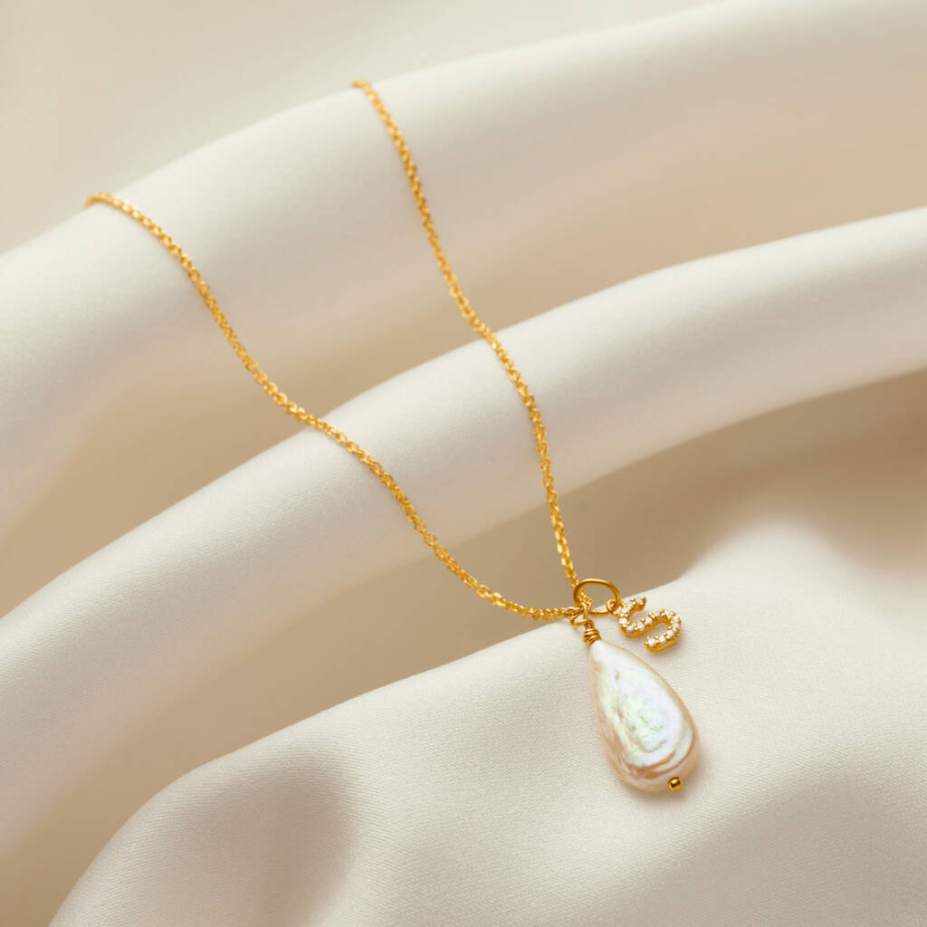 Teardrop Pearl And Real Diamond Initial Necklace, 1 of 6