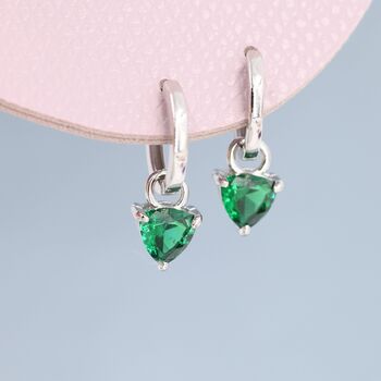 Sterling Silver Emerald Green Trillion Cut Cz Hoop Earrings, 4 of 12