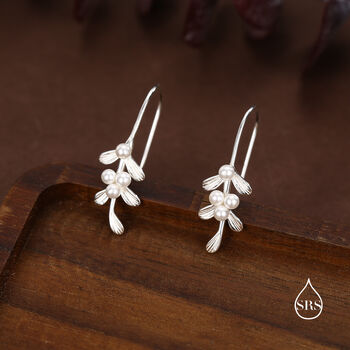 Sterling Silver Pearl Mistletoe Drop Hook Earrings, 5 of 11