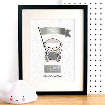 Personalised Monkey New Baby Art Print With Silver Foil, 5 of 5