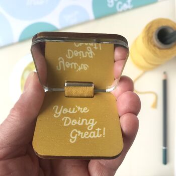 Personalised Yellow Mirror Keyring And Uplifting Note, 2 of 5