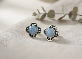 Handmade Oxidised Silver Clover Stud Earrings With Blue Chalcedony, 2 of 3