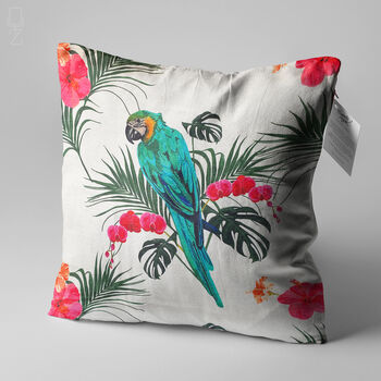 Parrot Cushion Cover With Tropical Leaves And Flowers, 2 of 7