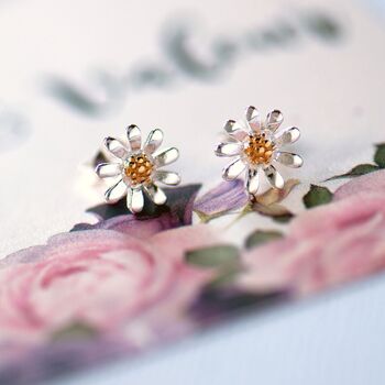 Sterling Silver Daisy Stud Earrings With Gold Centres, 3 of 9
