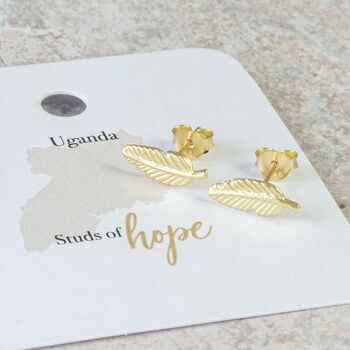 Ethical Gold Plated Feather Stud Uganda, 3 of 7