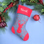Personalised Grey Christmas Stocking With Reindeer, thumbnail 1 of 5