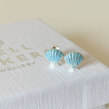 Sterling Silver And Blue Enamel Seashell Stud Earrings, 3 of 6
