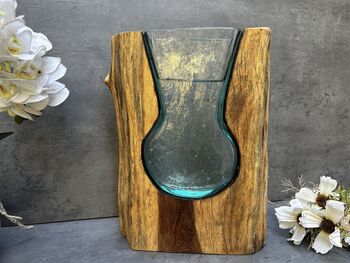 Huge Heavy 31cm Molten Glass Wedge Vase On Teak Root Flower Holder, 5 of 12